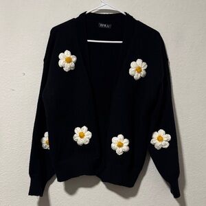 Black Women's Sweater with Knitted Flowers - Medium